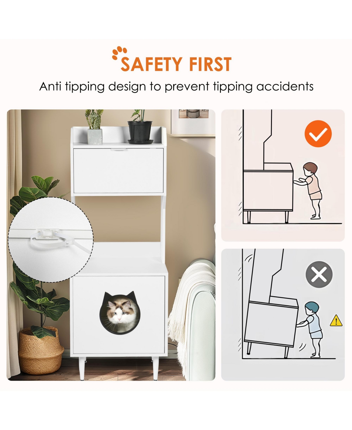 Streamdale Furniture White Wooden Cat Litter Enclosure with Shelves and Doors - White+vintage