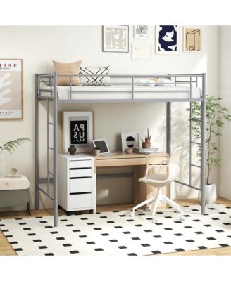 Twin Metal Loft Bed Frame w/ 2 Ladders Full-length Guardrail Space-Saving Silver