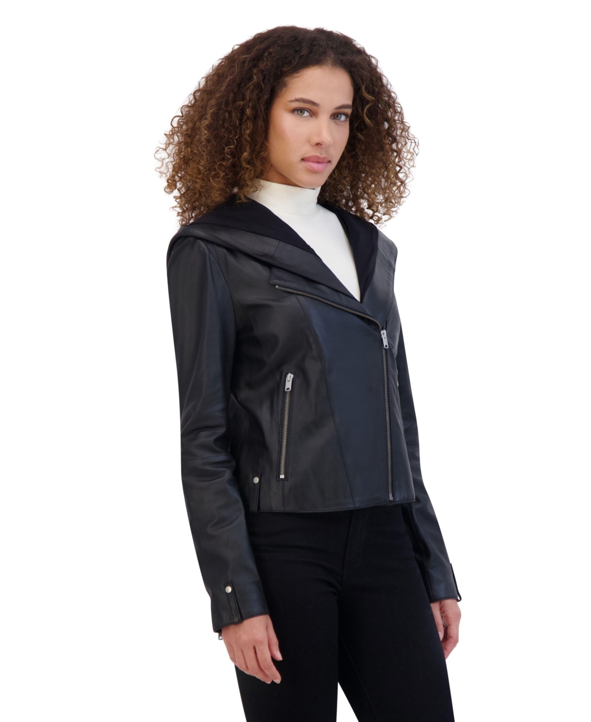 Andrew Marc Women's Lunar Lightweight Leather Hooded Moto Jacket