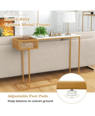 Rectangular White Faux Marble Console Table with Storage-Gold