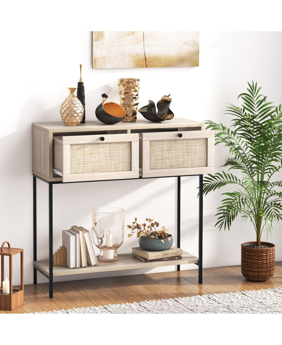 Sugift Rattan Console Table Boho Entryway Table with 2 Rattan Drawers and Open Storage Shelf-Oak