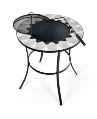 23.5 Inches Round Fire Pit Table with Mesh Cover and Fire Poker
