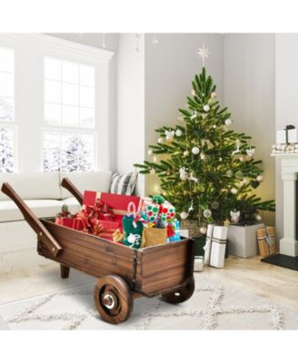 Wooden Wagon Planter Box with Wheels, Handles, and Drainage Hole