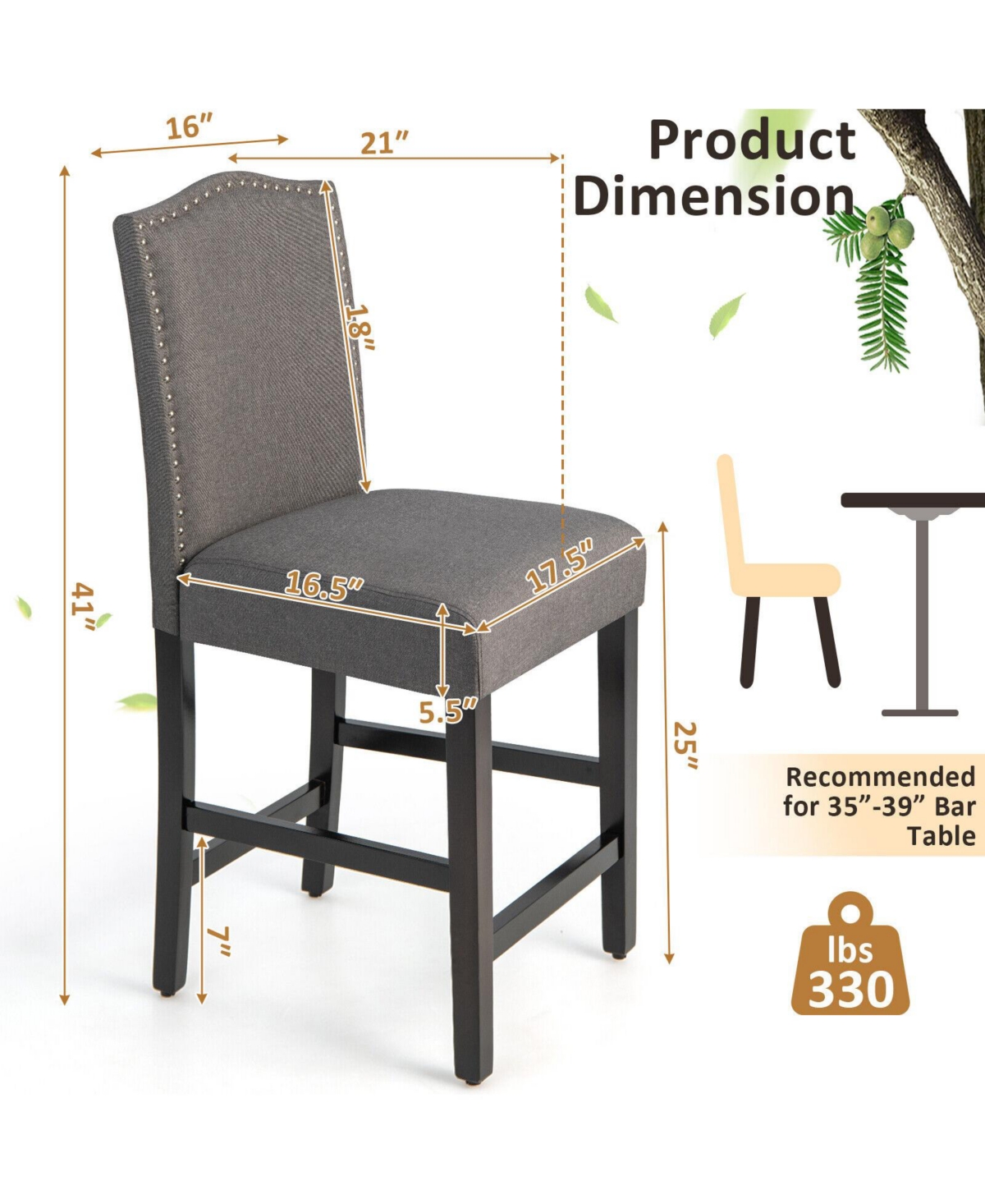 Skonyon Set of 2 Upholstered Counter Height Bar Stools with Rubber Wood Legs