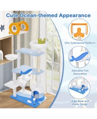 Multi-level Ocean-themed Cat Tree Tower with Sisal Covered Scratching Posts-Blue