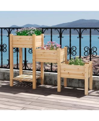 3-Tier Wooden Raised Garden Bed with Open Storage Shelf-Natural