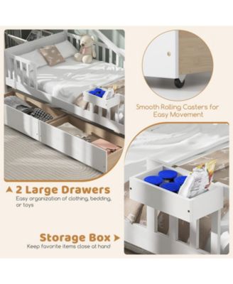 Twin House Bed with 2 Storage Drawers and Roof & Fence Rails-White