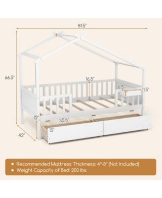 Twin House Bed with 2 Storage Drawers and Roof & Fence Rails-White