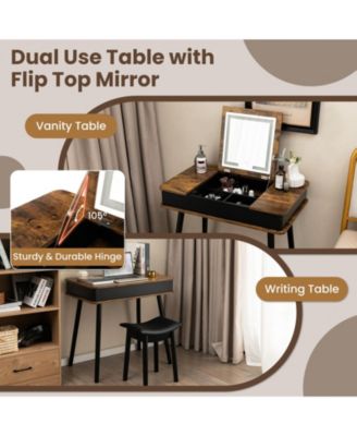 Vanity Table Set with Flip Top Mirror Lights USB Writing Desk and Stool-Brown