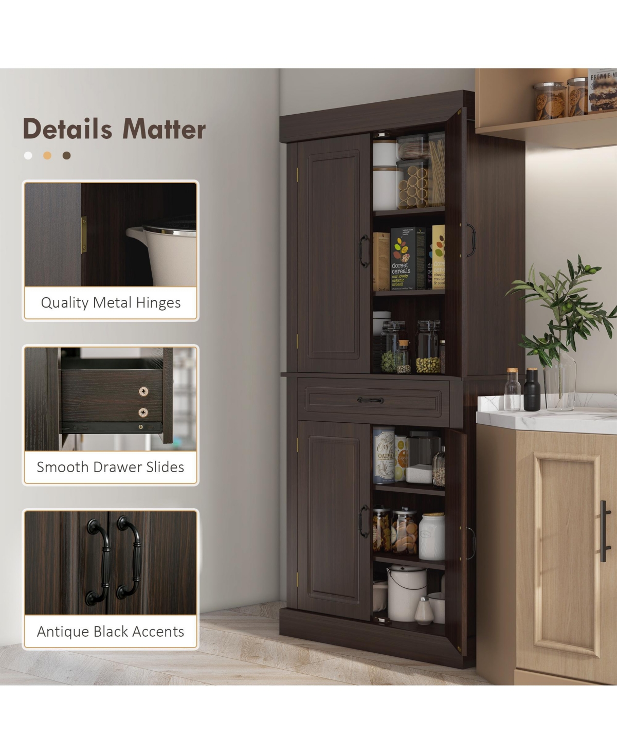 Streamdale Furniture Freestanding Kitchen Pantry with 4 Doors, Cabinets, and Drawer