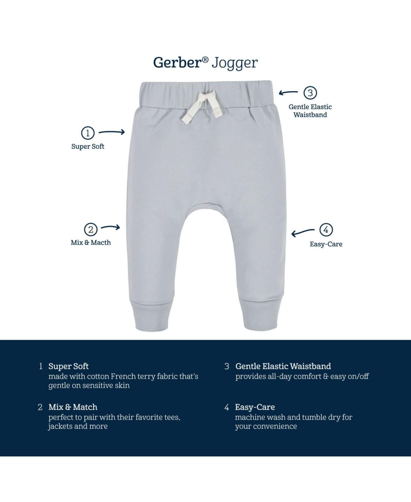 Брюки Gerber Navy and Grey Premium Joggers, 3-Pack для мальчиков-малышей, цвет: Тёмно-синий — фото 8