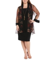 R & M Richards Plus Size Sheer Jacket & Knee-Length Dress - Black/red