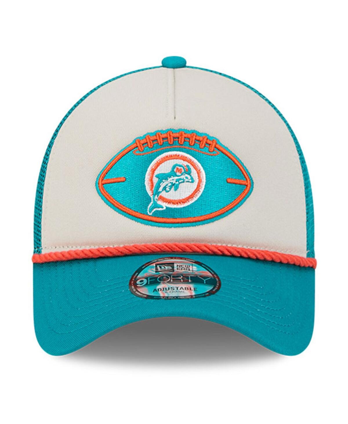 New Era Men's Stone/aqua Miami Dolphins 2024 Sideline Historic 9forty A-frame Trucker Adjustable Hat In Stone,aqua