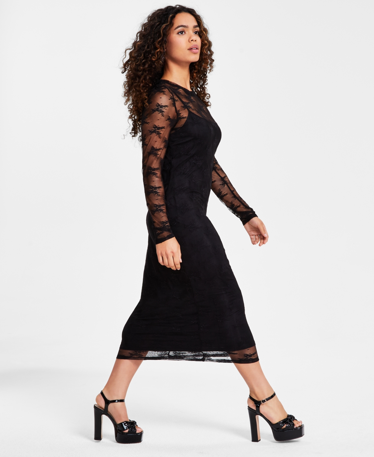 Bar Iii Petite Lace Long-sleeve Bodycon Midi Dress, Created For Macy's In Deep Black