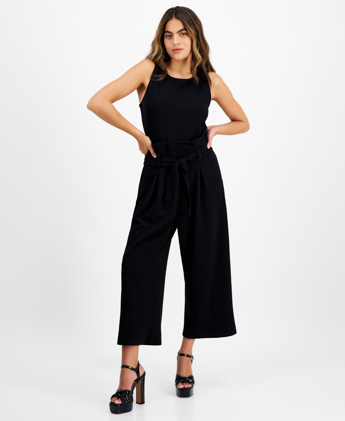 Petite Women's Sleeveless Crewneck Tie-Waist Jumpsuit, Created for Macy's - Safety Orange