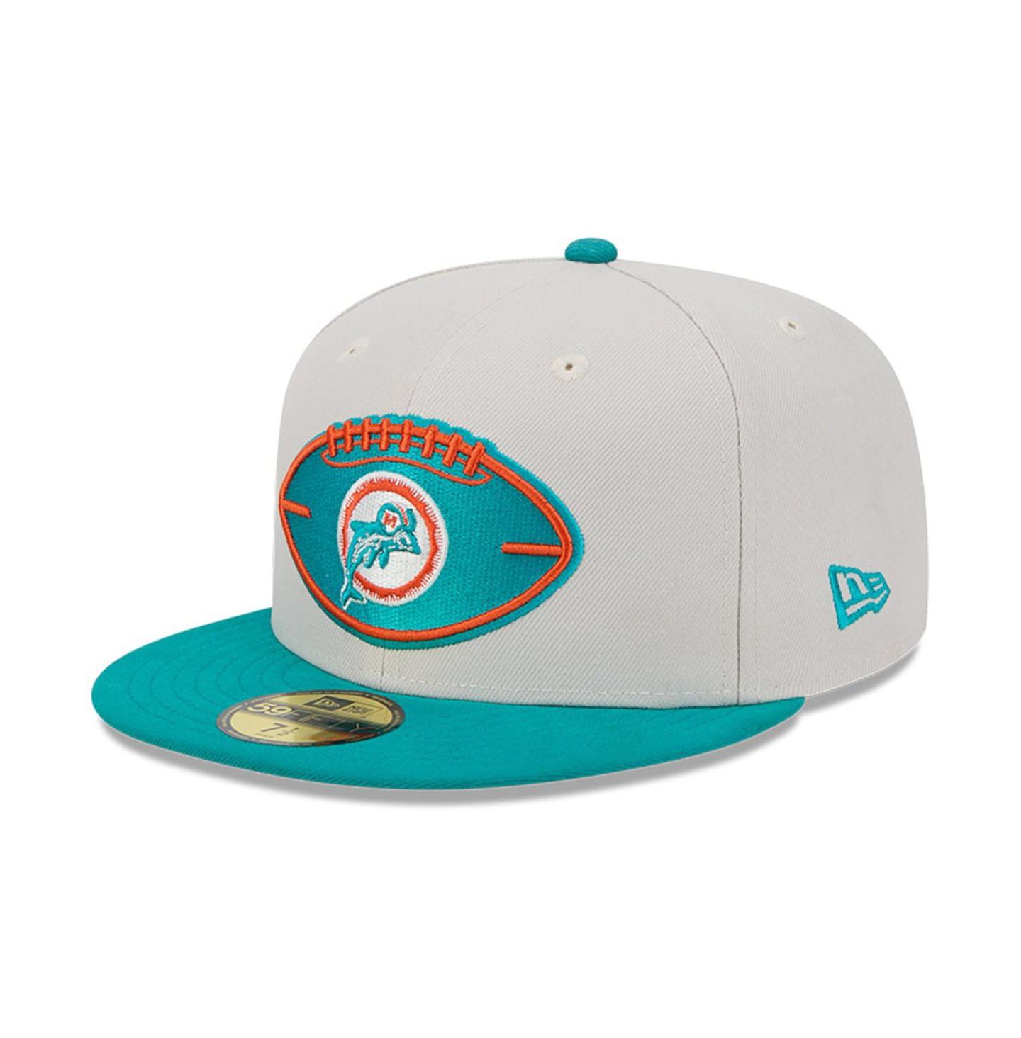 Мужская кепка New Era Stone/Aqua Miami Dolphins 2024 Sideline Historic 59FIFTY Fitted Hat — фото 1