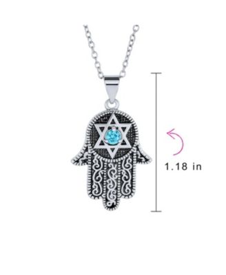 Hanukkah Judaic Magen Jewish Hamsa Hand Of God Star Of David Pendant Necklace Blue Cubic Zirconia CZ Black Oxidized