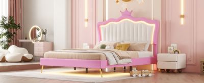 LED Upholstered Princess Bed with Crown Headboard