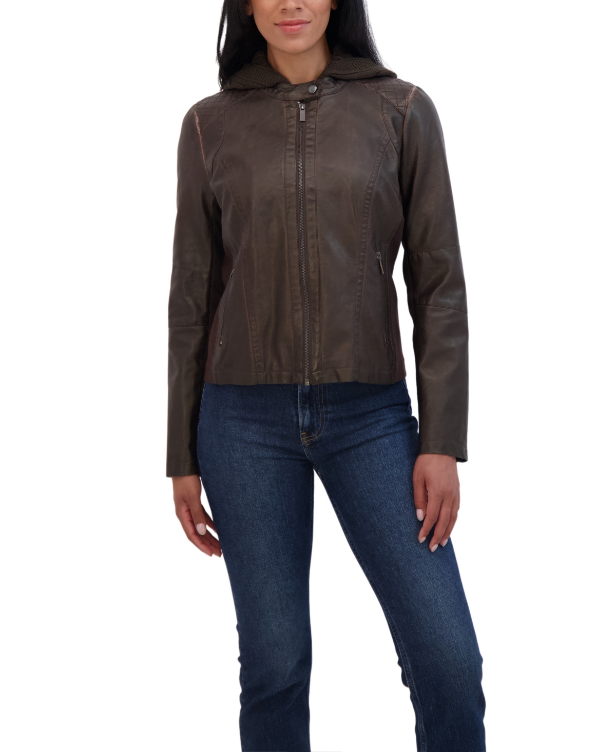 Women's Garment Dyed Faux Leather Zip Front Jacket With Detachable Sweater Knit Hood - Brown