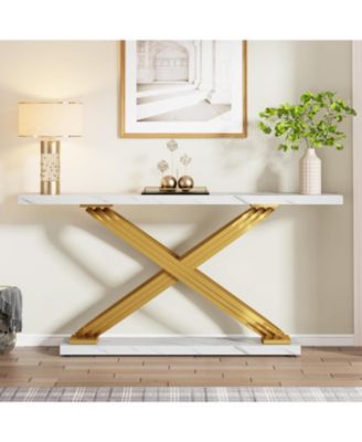 55 Inch Modern Console Table, Faux Marble Gold Entryway Table Behind Sofa Couch, Narrow Rectangular Sofa Table for Living Room, Bedroom, Front Hall, Hallway, Gold & White
