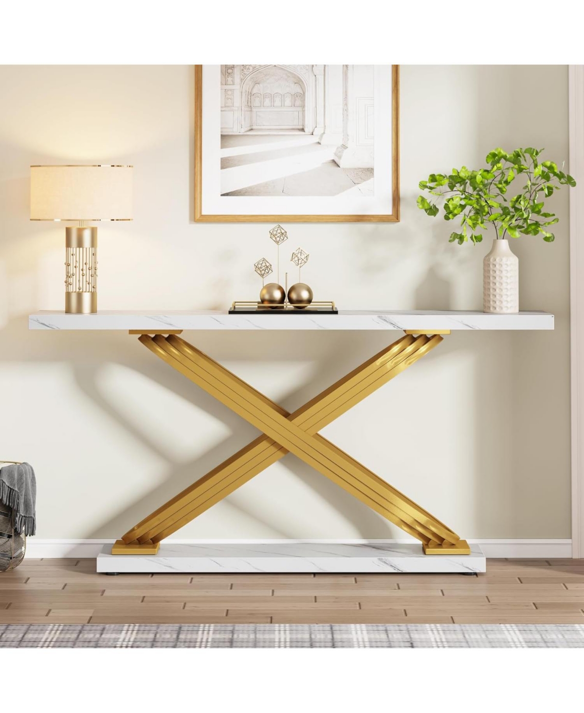 Tribesigns Modern Console Table, Faux Marble Gold Entryway Table Behind Sofa Couch, Narrow Rectangular Sofa Table for Living Room, Bedroom, Fr