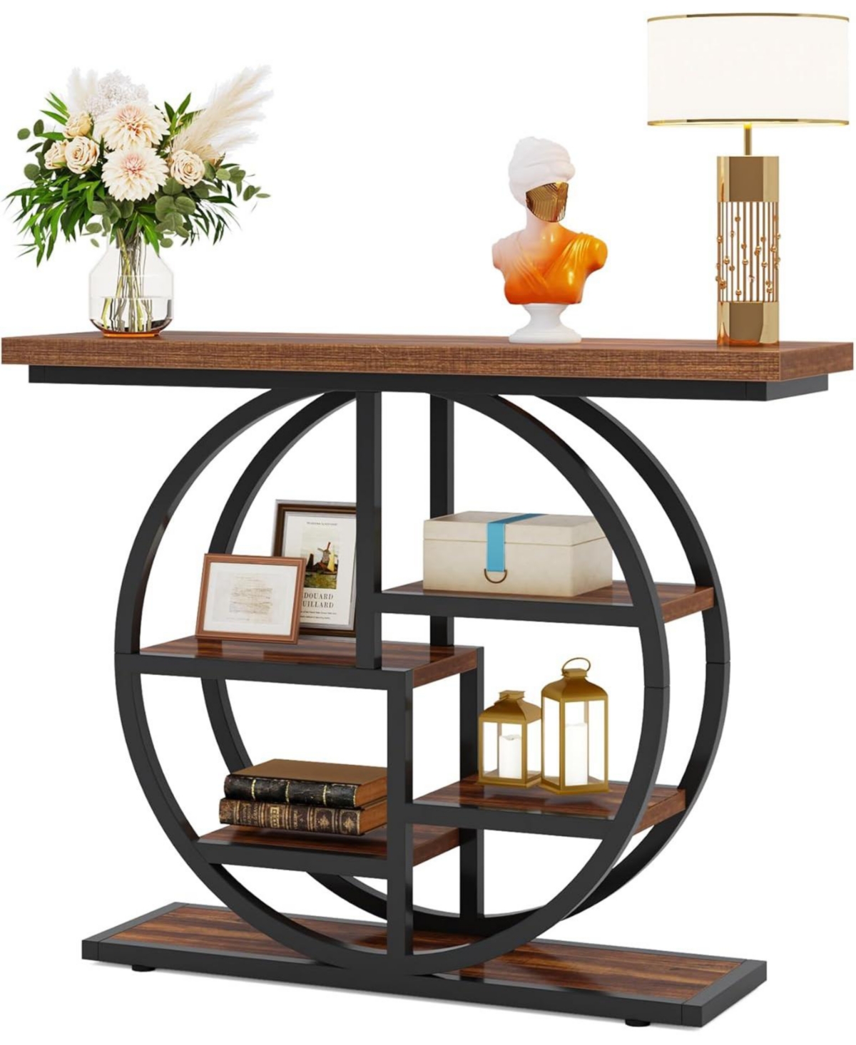 Tribesigns Console Table, Industrial 6-Tier Sofa Table Entryway Table with Circle Base, Narrow Wood Accent Tables with Storage Shelves for Livi