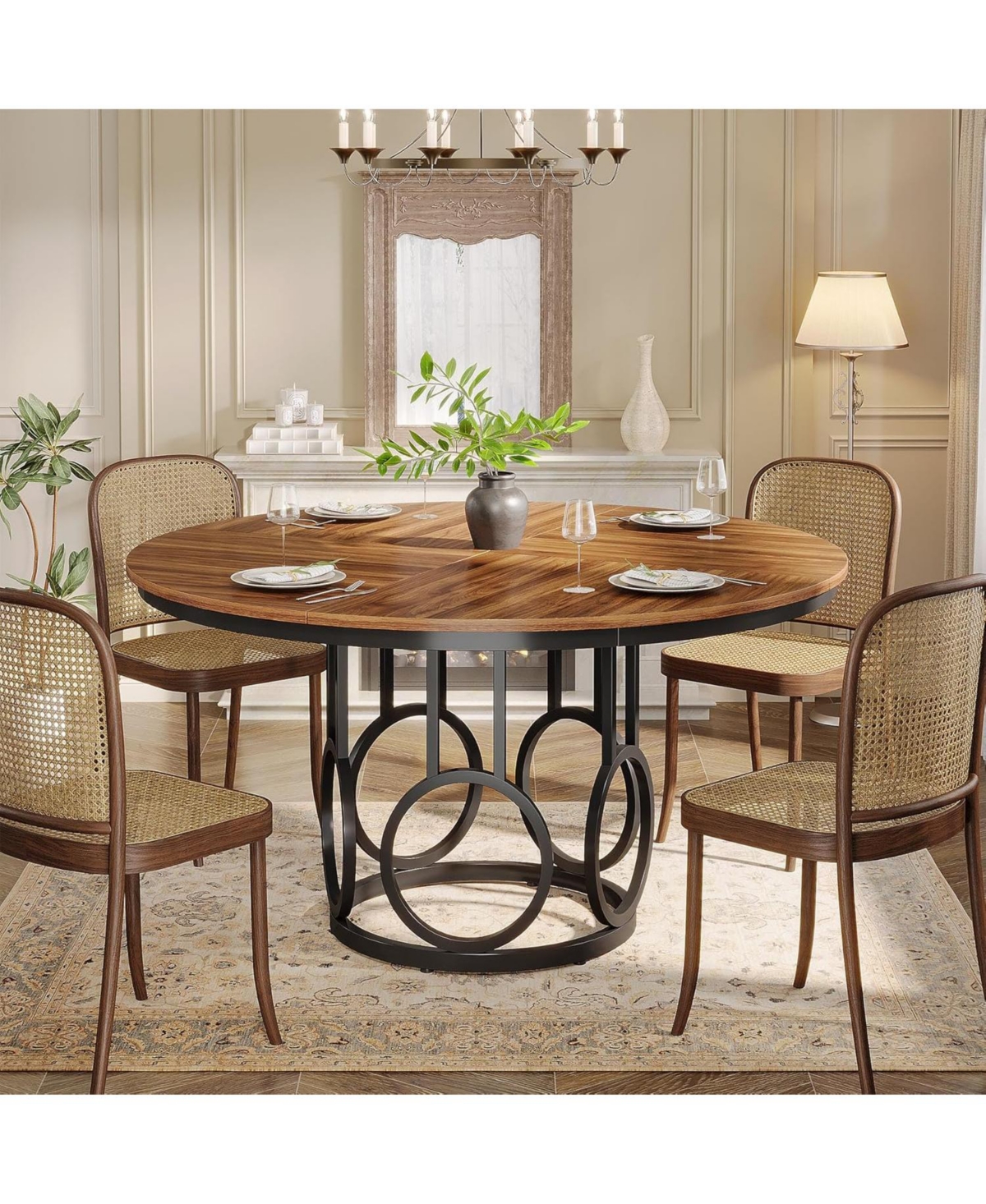 Tribesigns Round Dining Table for 4-6 People, 47-Inch Circle Kitchen Table Dining Room Table with Sturdy Metal Base, Wood Dinner Table for Dinin