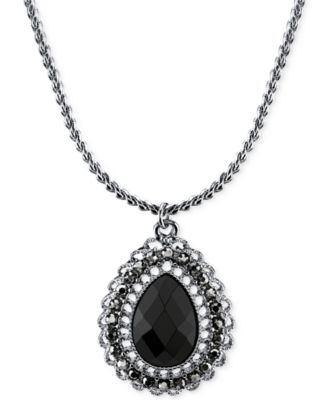 2028 - Silver-Tone Black Stone Teardrop Pendant Necklace