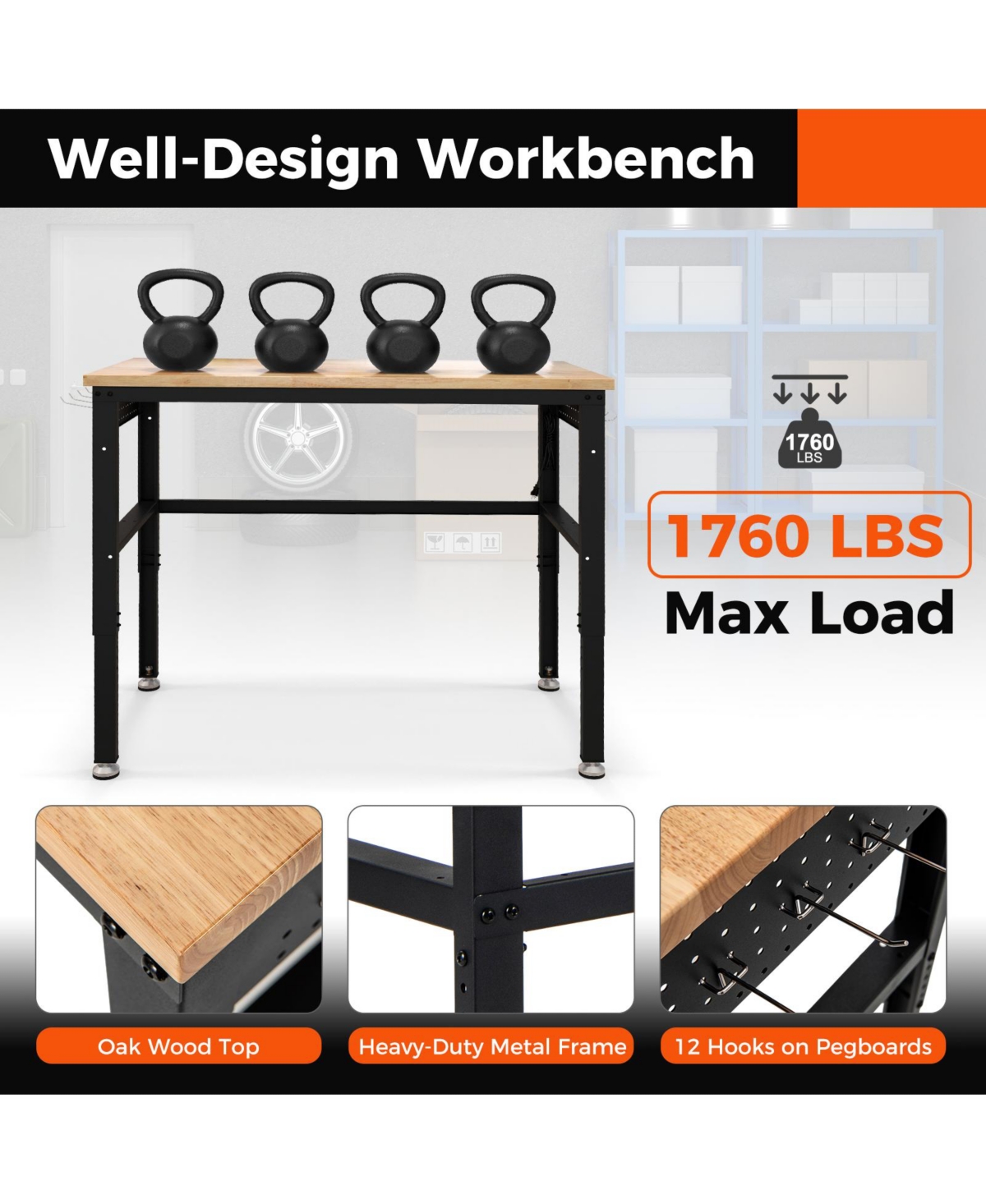Sugift 48 Inch Adjustable Work Bench with Power Outlets