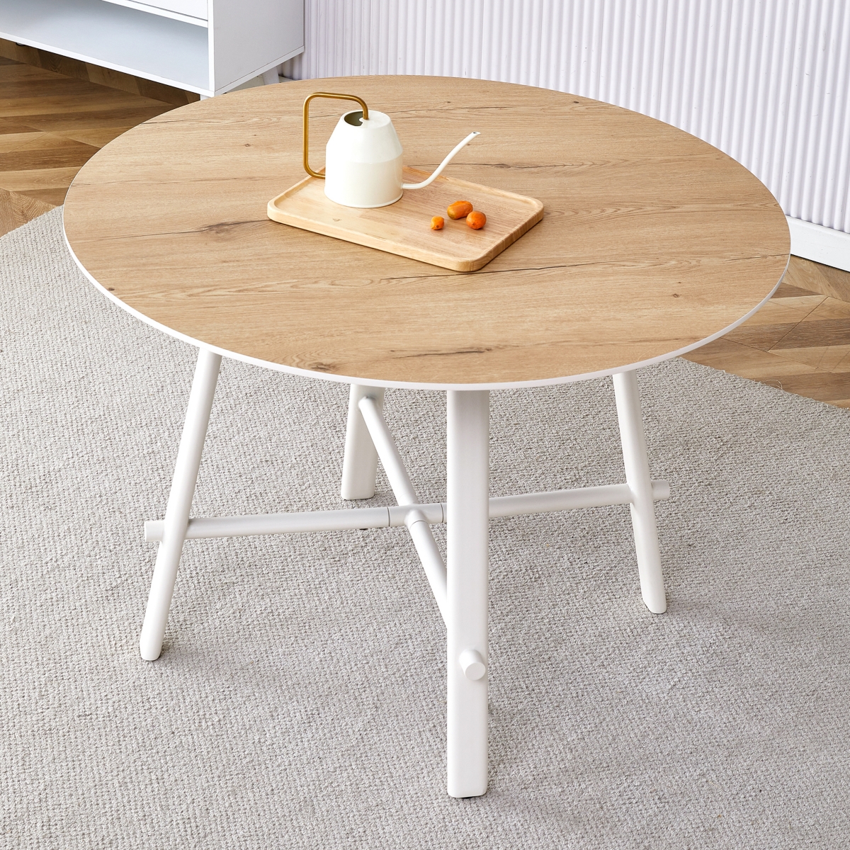 Streamdale Furniture Modern Circular Dining Table: Wood Top, White Legs - Brown+white