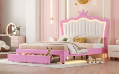  Princess Crown Bed with LED Lights and Drawers