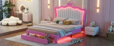  Princess Crown Bed with LED Lights and Drawers