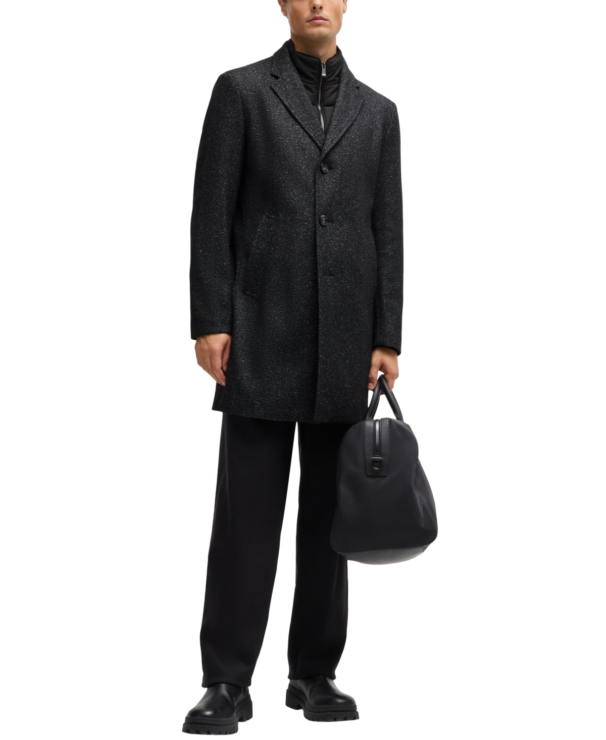 Hugo Boss Slim-fit Patterned Coat With Zip-up Inner In Black