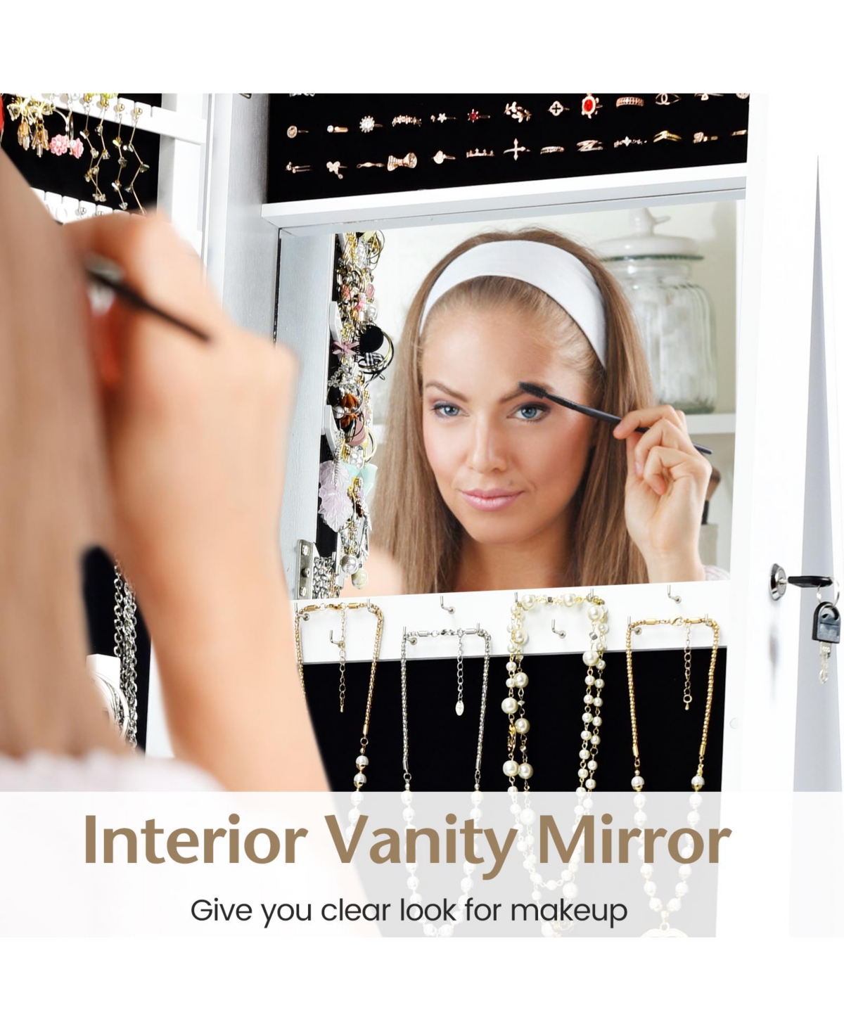 Skonyon Standing Lockable Jewelry Storage Organizer with Full-Length Mirror- White