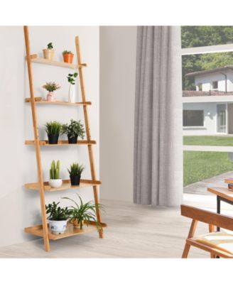 5-Tier Ladder Shelf Bamboo Bookshelf Wall-Leaning Storage Display Plant Stand-Natural