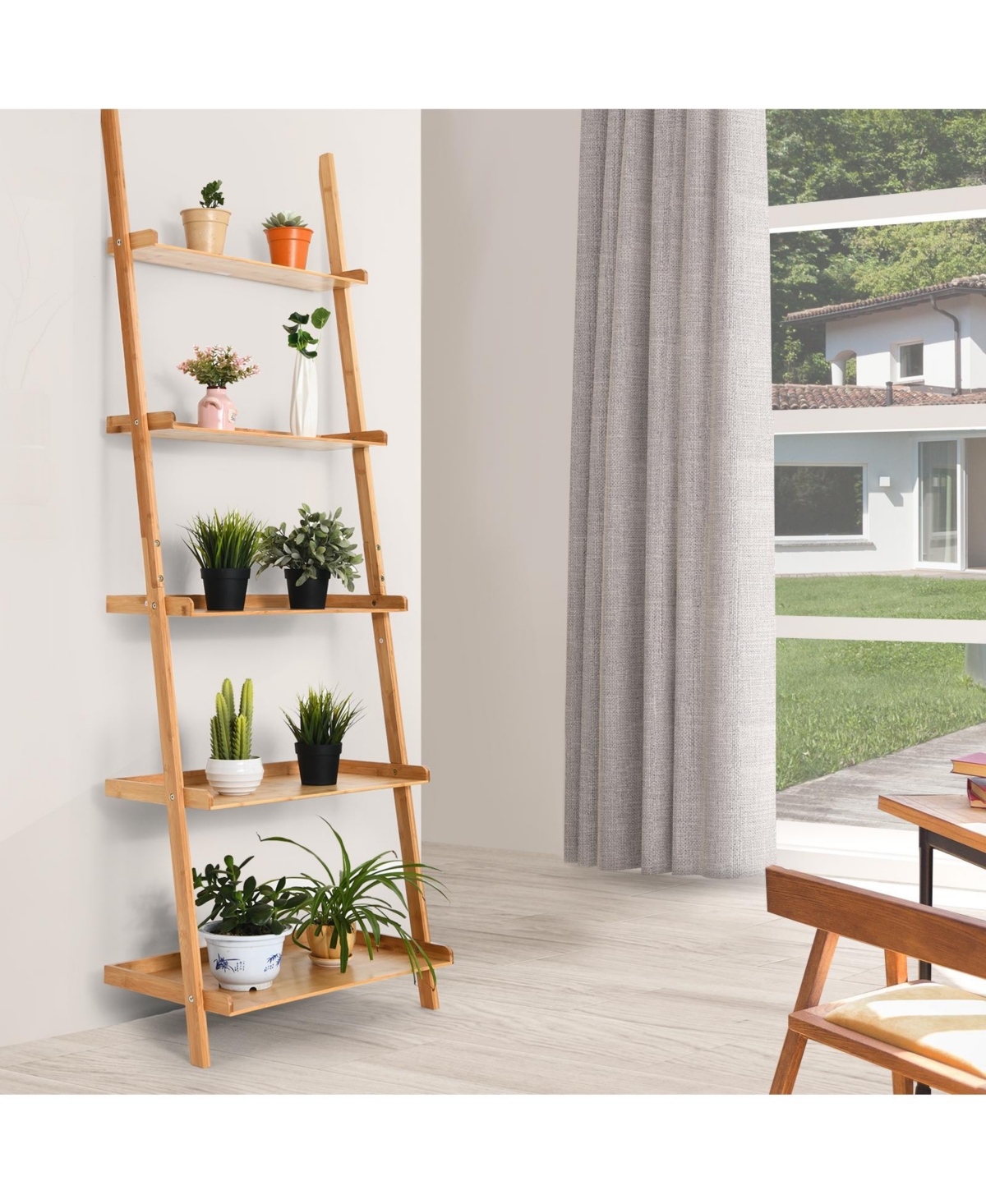 Skonyon 5-Tier Ladder Shelf Bamboo Bookshelf Wall-Leaning Storage Display Plant Stand-Natural