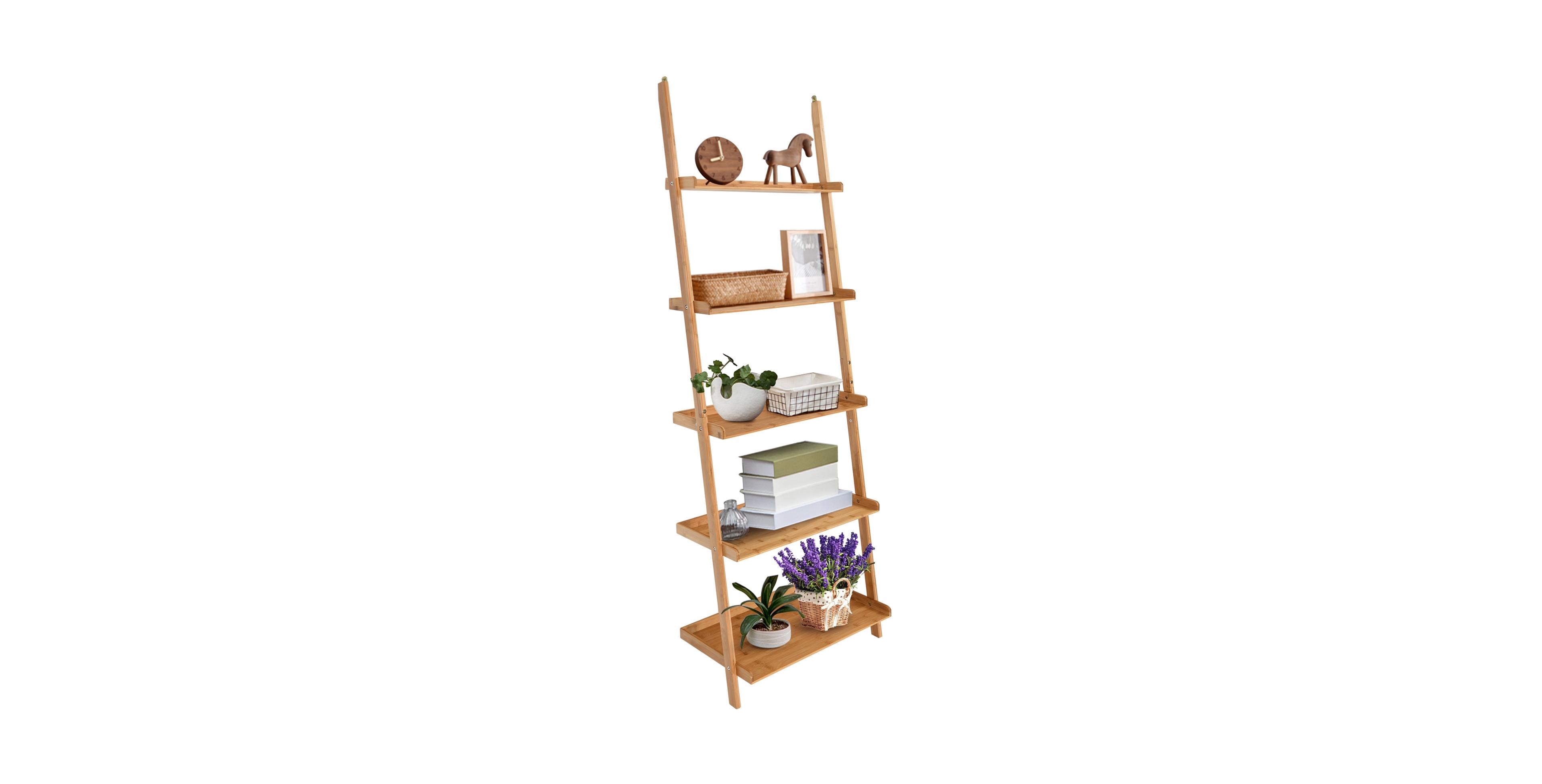 Skonyon 5-Tier Ladder Shelf Bamboo Bookshelf Wall-Leaning Storage Display Plant Stand-Natural