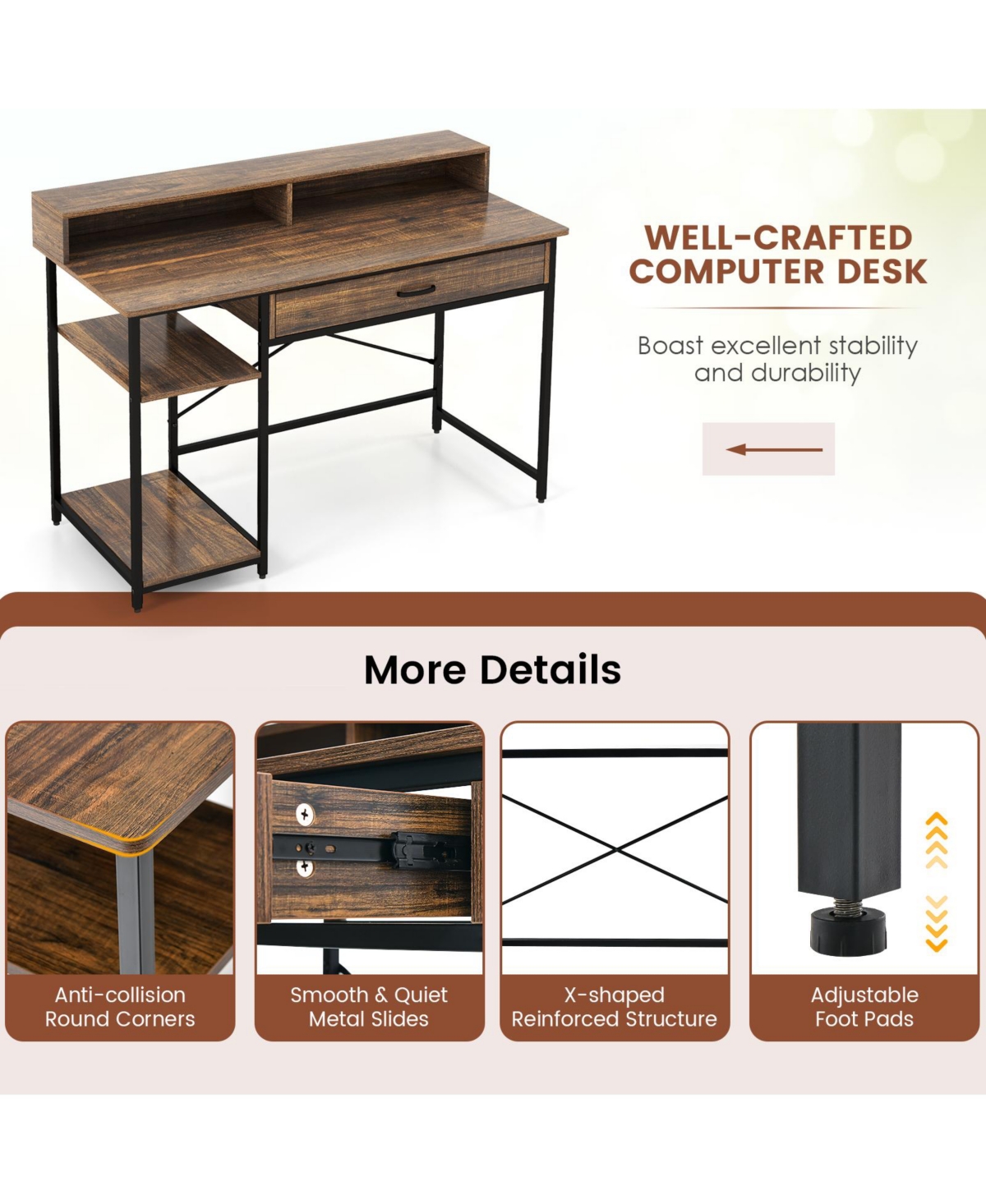 Skonyon 48 Inch Computer Desk with Monitor Stand Drawer and Shelves-Rustic Brown