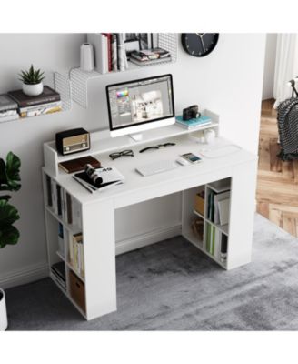 Computer Desk with Dual 3-Tier Bookshelf and Monitor Shelf-White
