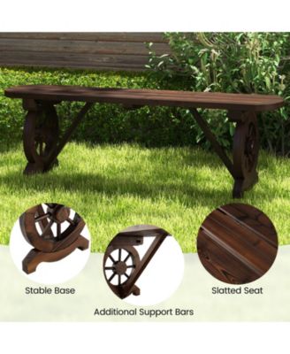 Patio Rustic Wood Bench with Wagon Wheel Base