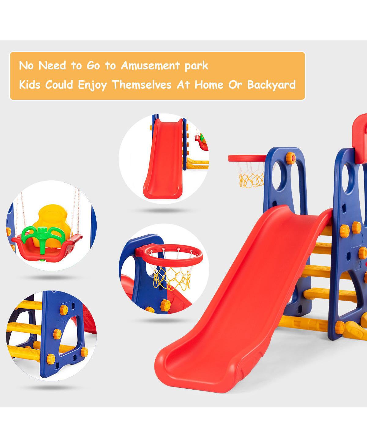 Costway 1 Junior Children Climber Slide Swing Seat Basketball Hoop Playset
