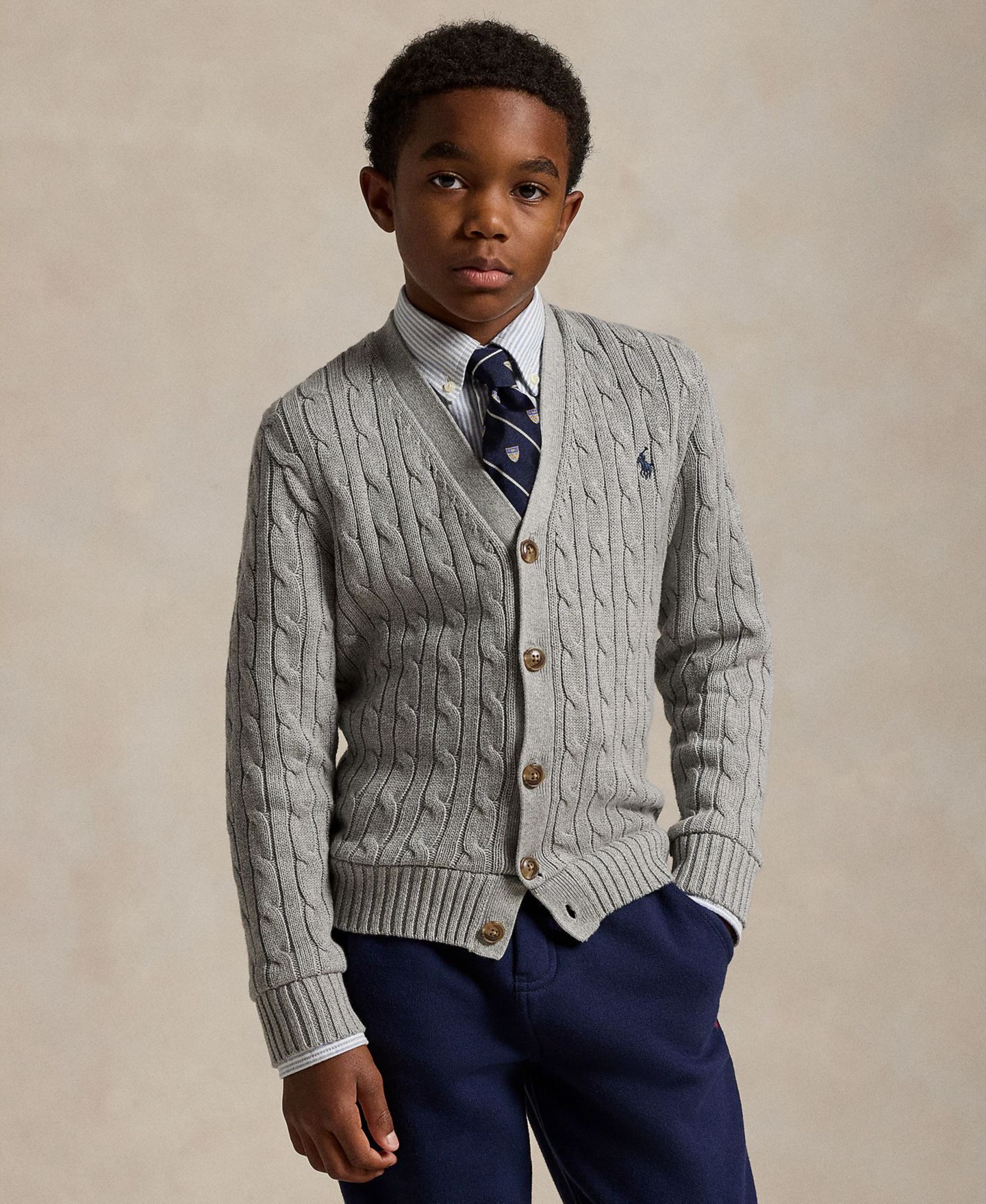 Кардиган Polo Ralph Lauren Cable-Knit Cotton V-Neck Cardigan Sweater для мальчиков, цвет: Меланжевый — фото 1