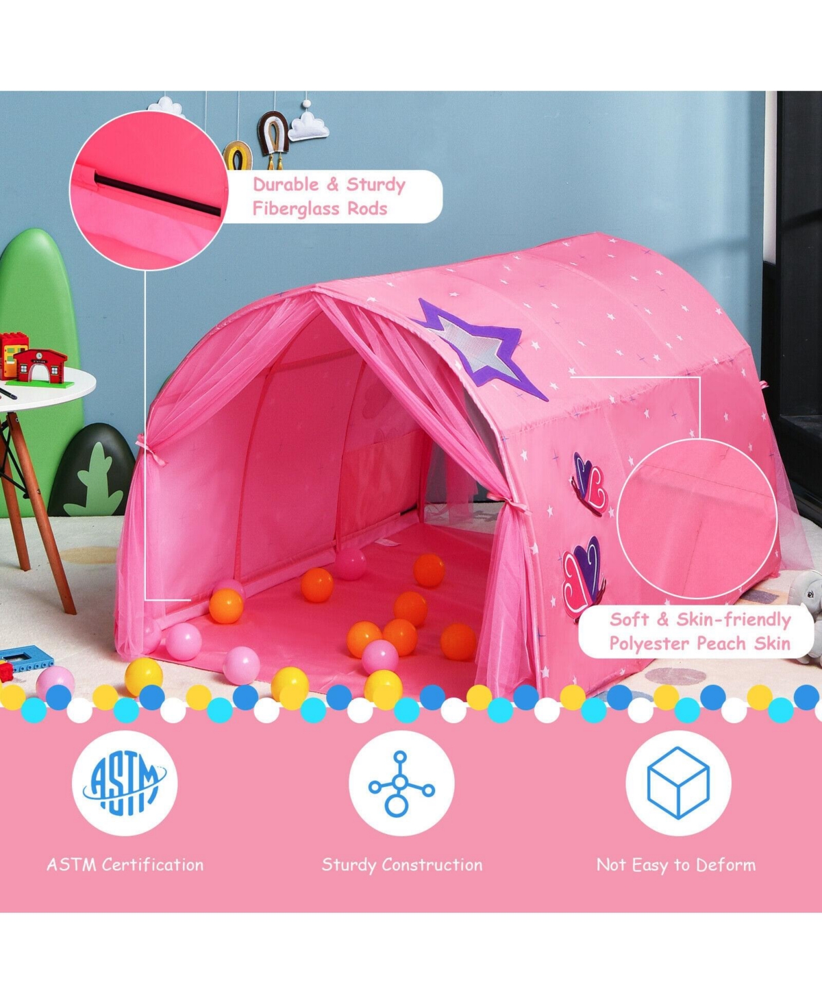 Vebreda Kids Galaxy Starry Sky Dream Portable Play Tent with Double Net Curta- Pink
