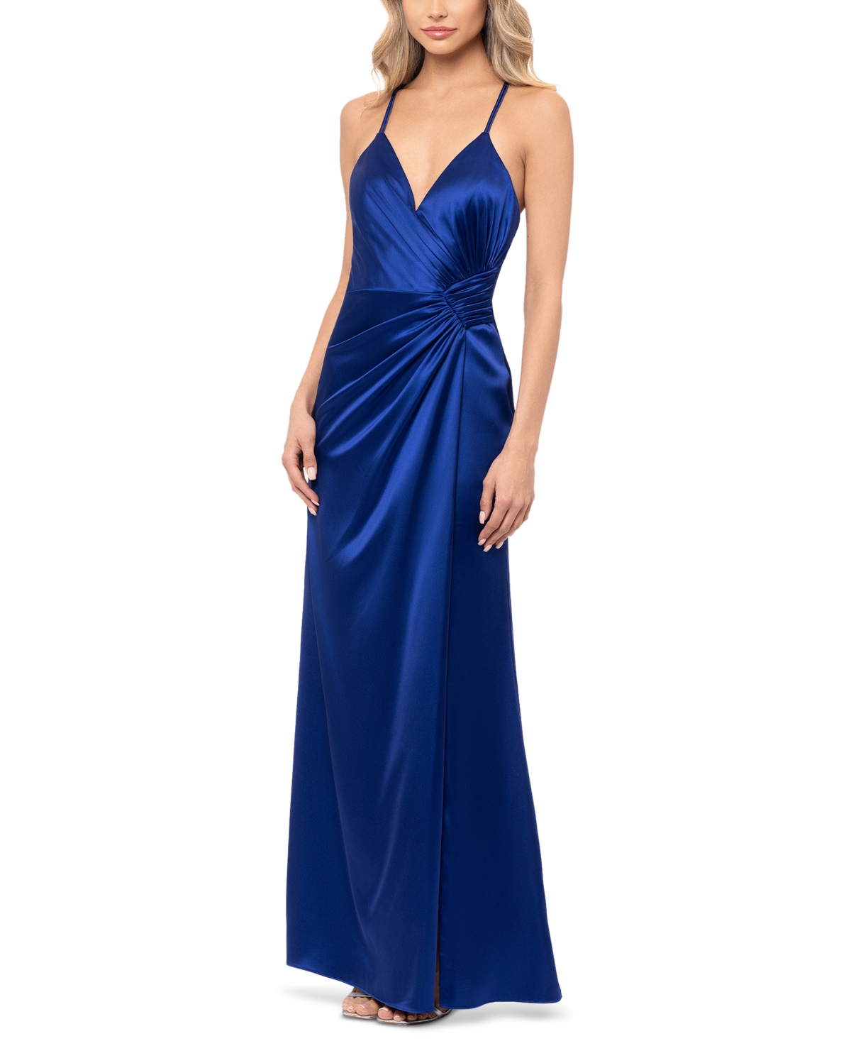 Juniors' Pleated V-Neck Evening Gown - Indigo