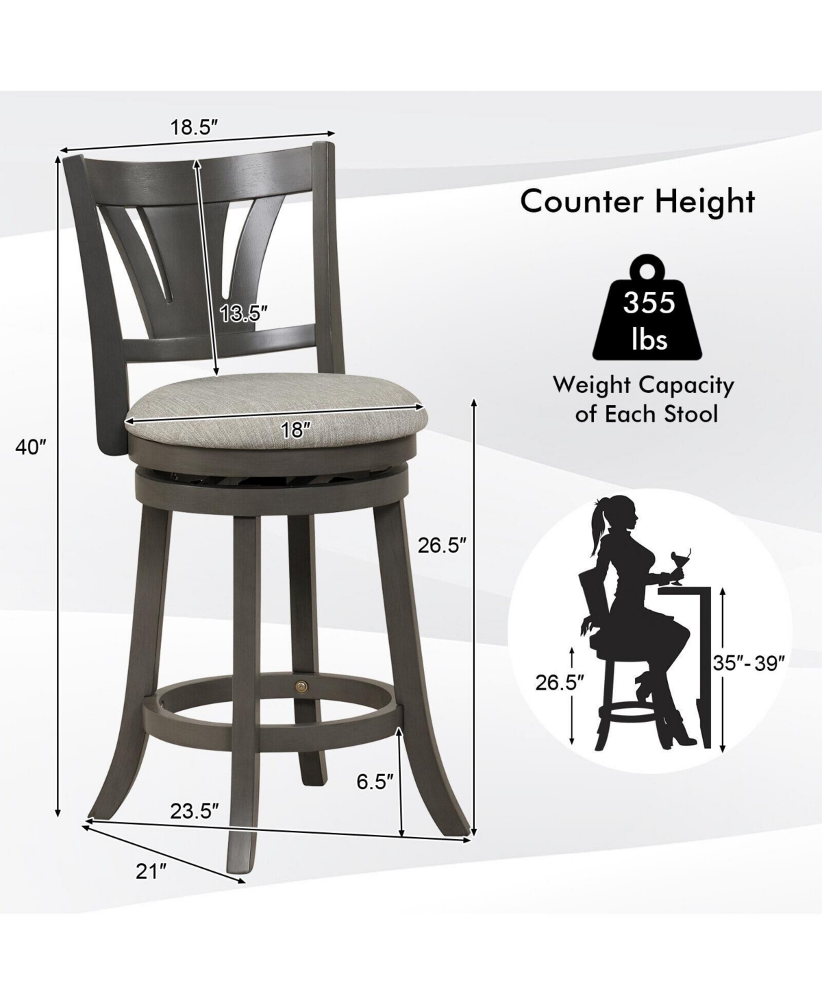 Sugift Inch Swivel Bar Stool with Backrest Soft Cushioned Seat and Footrest Gray-26.5 inches