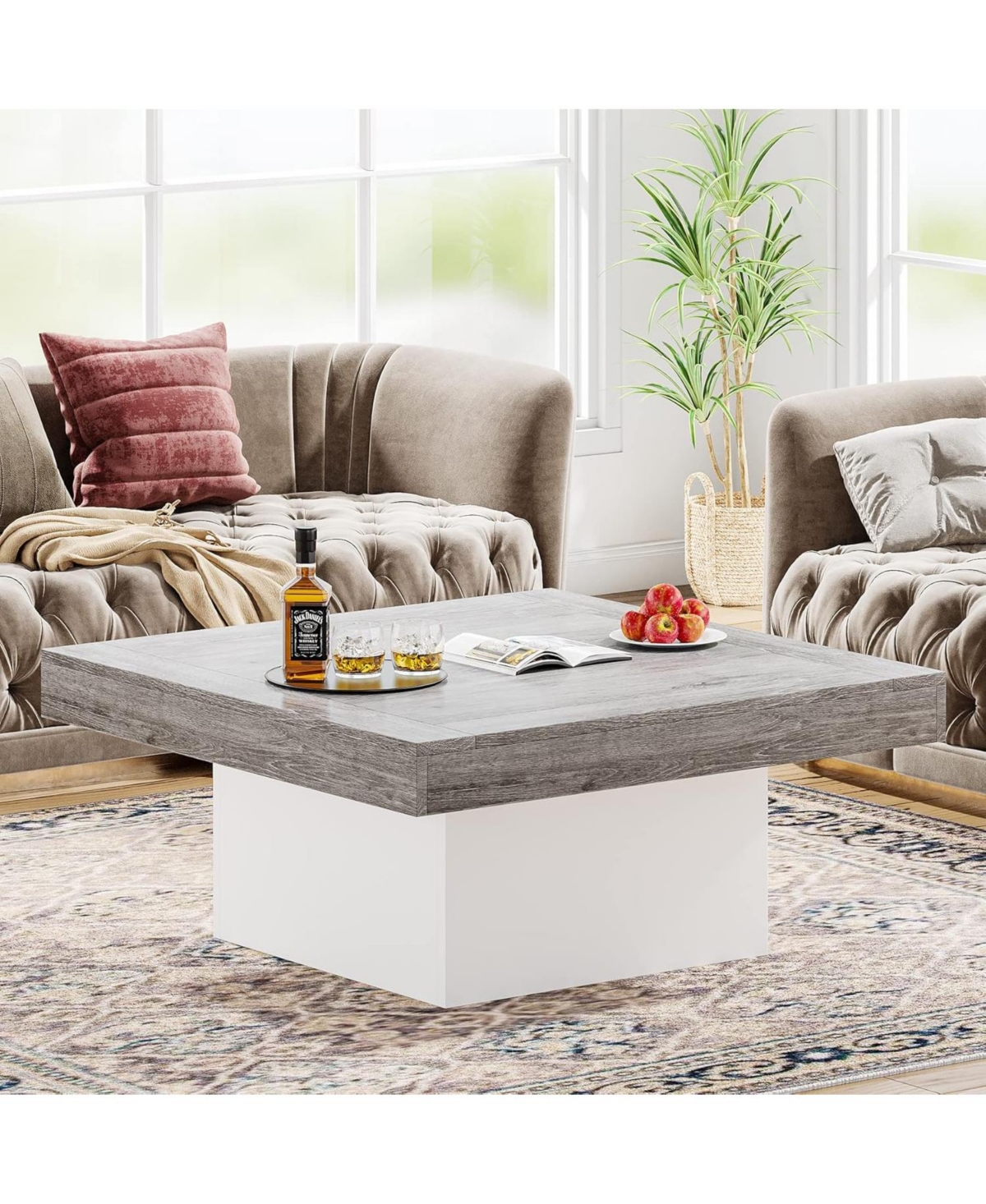 Tribesigns Coffee Table Square Led Coffee Table Engineered Wood Low Coffee Table for Living Room - Grey and white