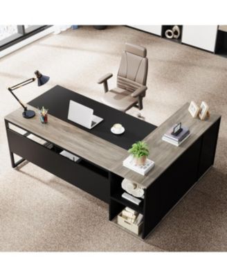 71 inch Executive Desk, L Shaped Desk with Cabinet Storage, Executive Office Desk with Shelves for Home Office