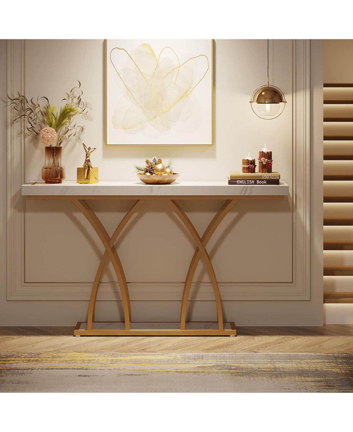 Tribesigns Gold Console Table, Modern Faux Marble Veneer Entryway Table Behind Sofa Couch, Narrow Long Hallway Table with Geometric Metal Legs