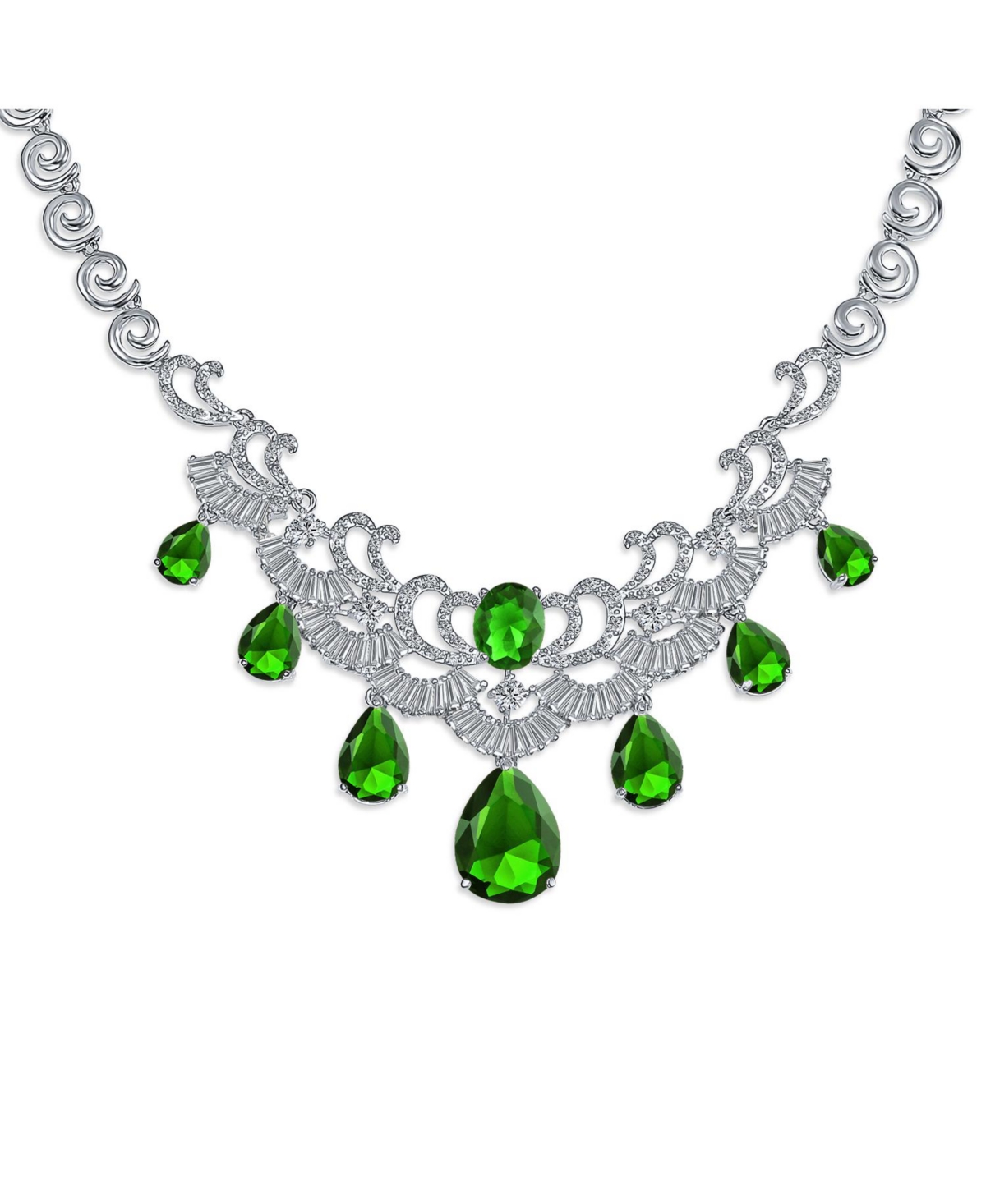 Bling Jewelry Estate Jewelry Art Deco Style Baguette Cz Green Green Large Dangling Teardrops Bib Statement Collar Necklace For Women
