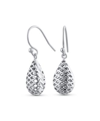 Basket Weave Puffed Pear Shaped Rain Drop Teardrop Earrings Fishhook Sterling Silver 1.2 Inch